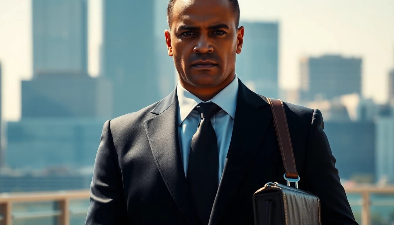 Bodyguards for hire image showcasing a professional security detail in a cityscape.