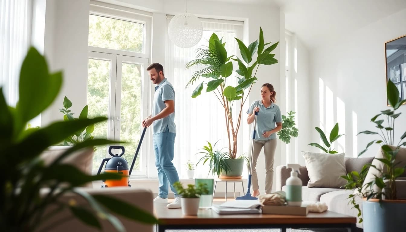 Team providing high-quality residential cleaning Georgia in a bright, inviting living room.