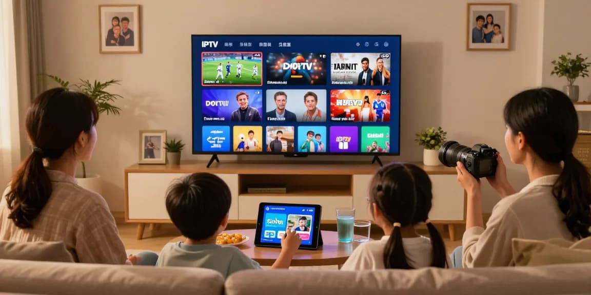 Família desfrutando do melhor IPTV do Brasil assistindo a vários conteúdos de entretenimento na sala de estar.