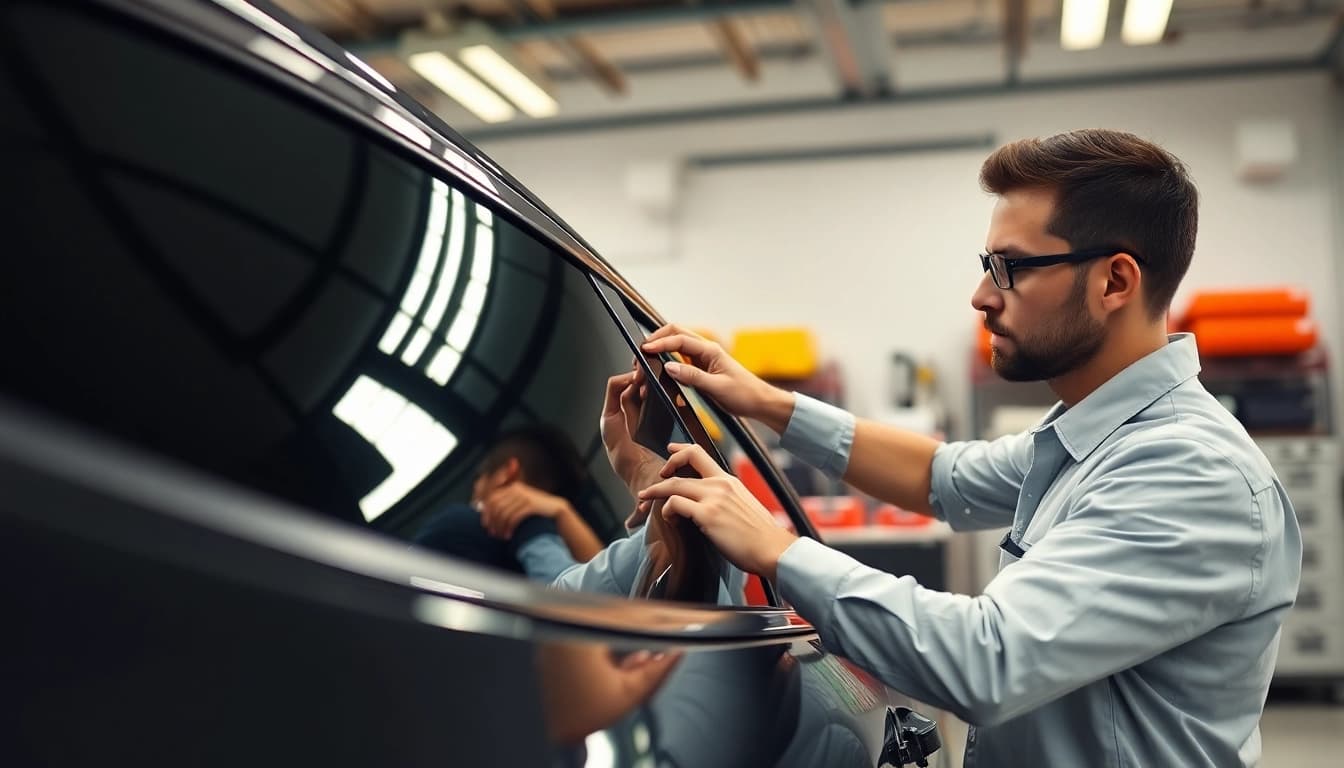 Apply window tint near me, featuring a skilled technician at work in a modern garage.