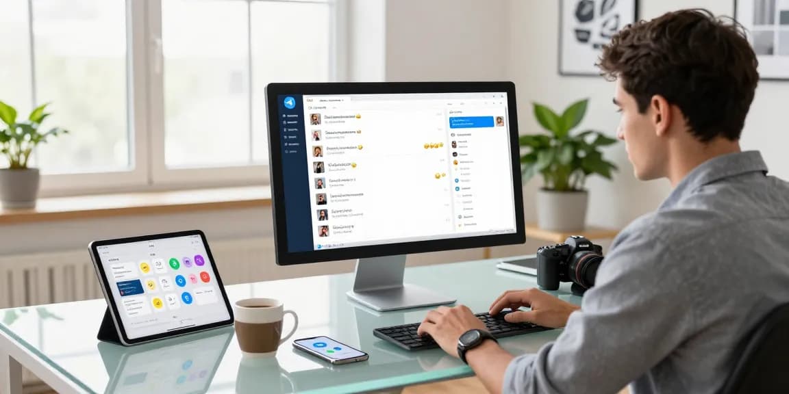 Discover the Telegram Web Version in a modern workspace filled with tech gadgets and natural light.