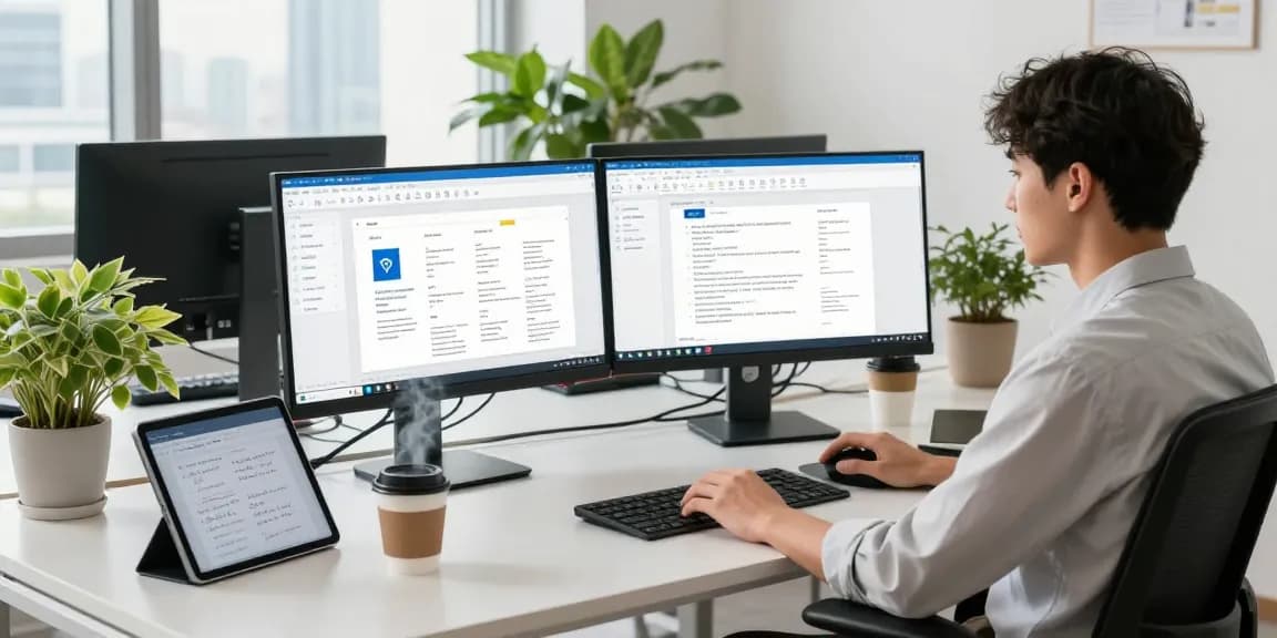 Download WPS Office in a modern workspace with multiple monitors displaying productivity tools.