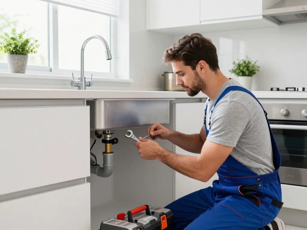 Professional plumber in São Paulo fixing a kitchen sink leak with tools, ensuring quality plumbing services at affordable rates.