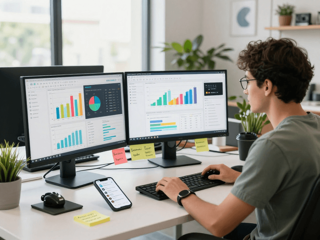 Espaço de trabalho digital multicanais com analista em ação, telas mostrando métricas de marketing.