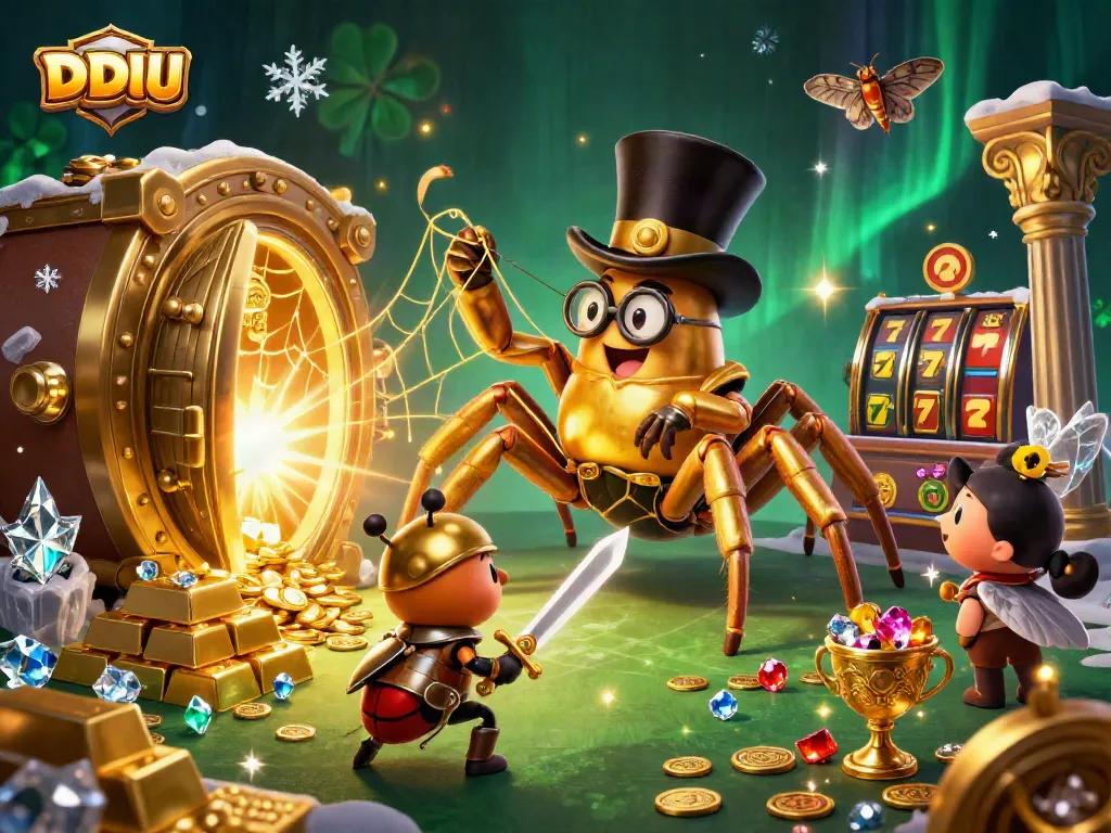 Engage in DDUU's thrilling casino adventure with a golden tarantula and beetle knight.