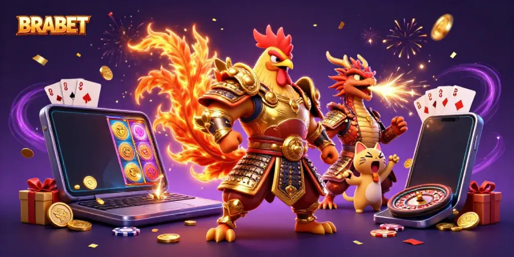 BRABET platform showcases a dynamic casino scene with a fighting rooster, dragon, and immersive gambling elements.