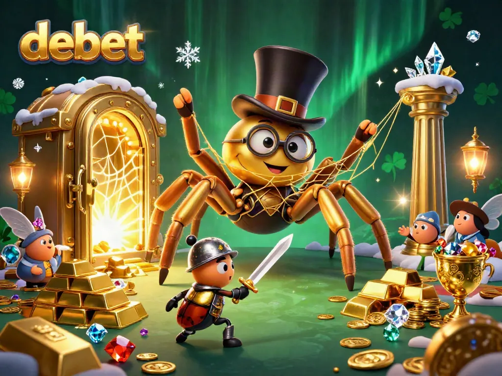 Experience the excitement of debet with a giant tarantula and beetle knight surrounded by treasure and casino elements.