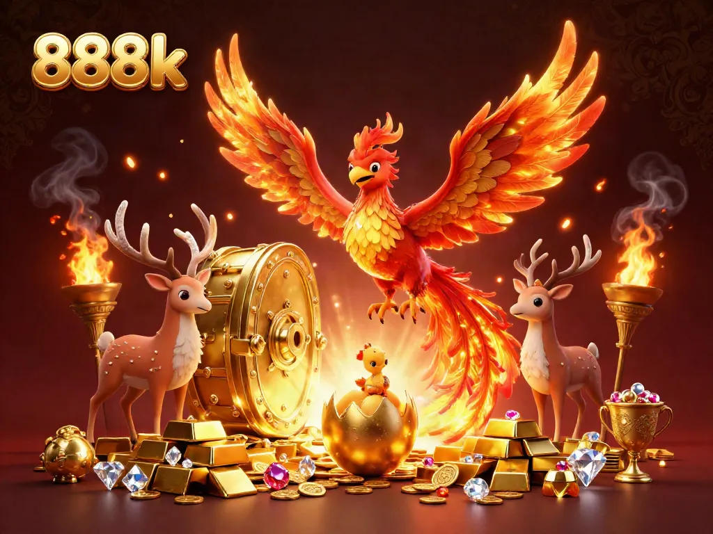 Experience the vibrant world of 888k with a phoenix and treasure scene capturing the thrill of online gambling.