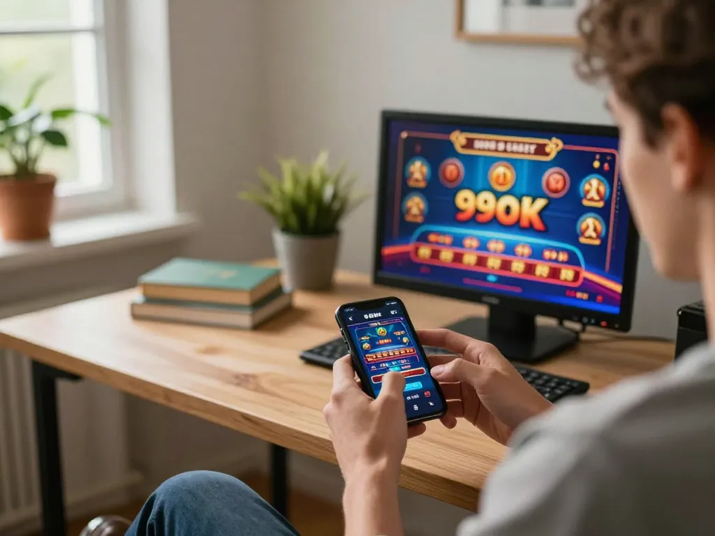Player enjoying the 99ok mobile app for online casino gaming in a cozy home setting.