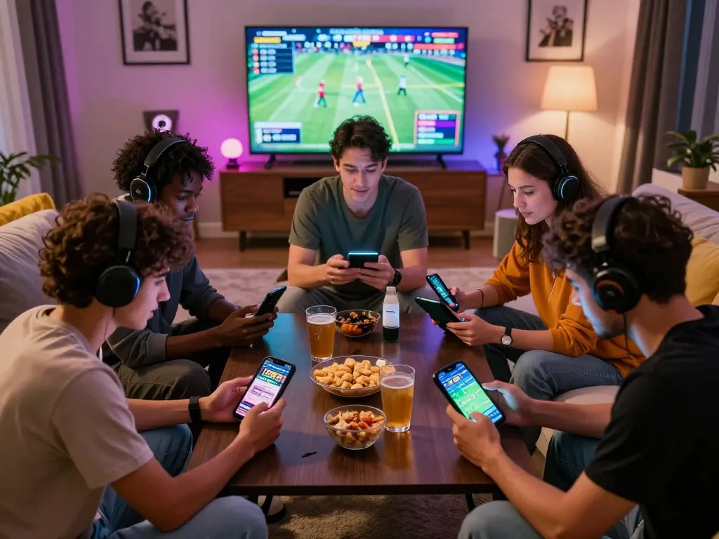 Group of friends enjoying the 12Bet app in a lively gaming environment with snacks and sports on TV.