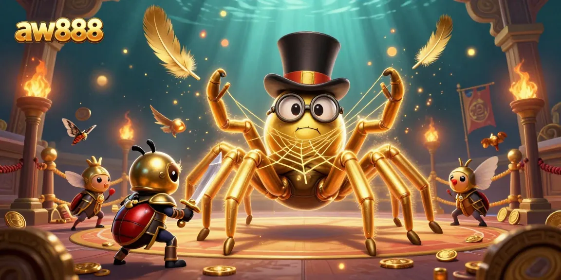 Experience the excitement of aw888 with a vibrant illustration of a golden tarantula in a casino setting.