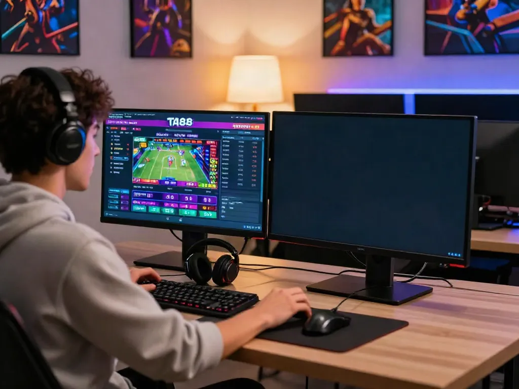 Engaged user on TA88 betting platform, showcasing vibrant gaming setup.