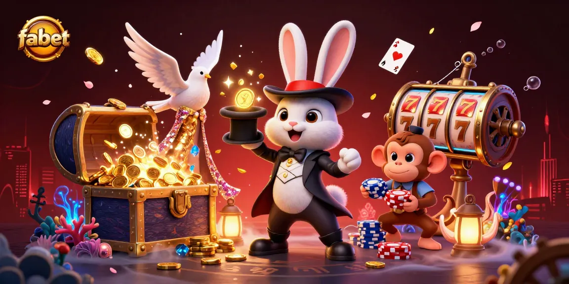 Experience fabet's magic with a 3D illustration of a magician rabbit, assistant dove, and playful monkey in a dazzling casino scene.