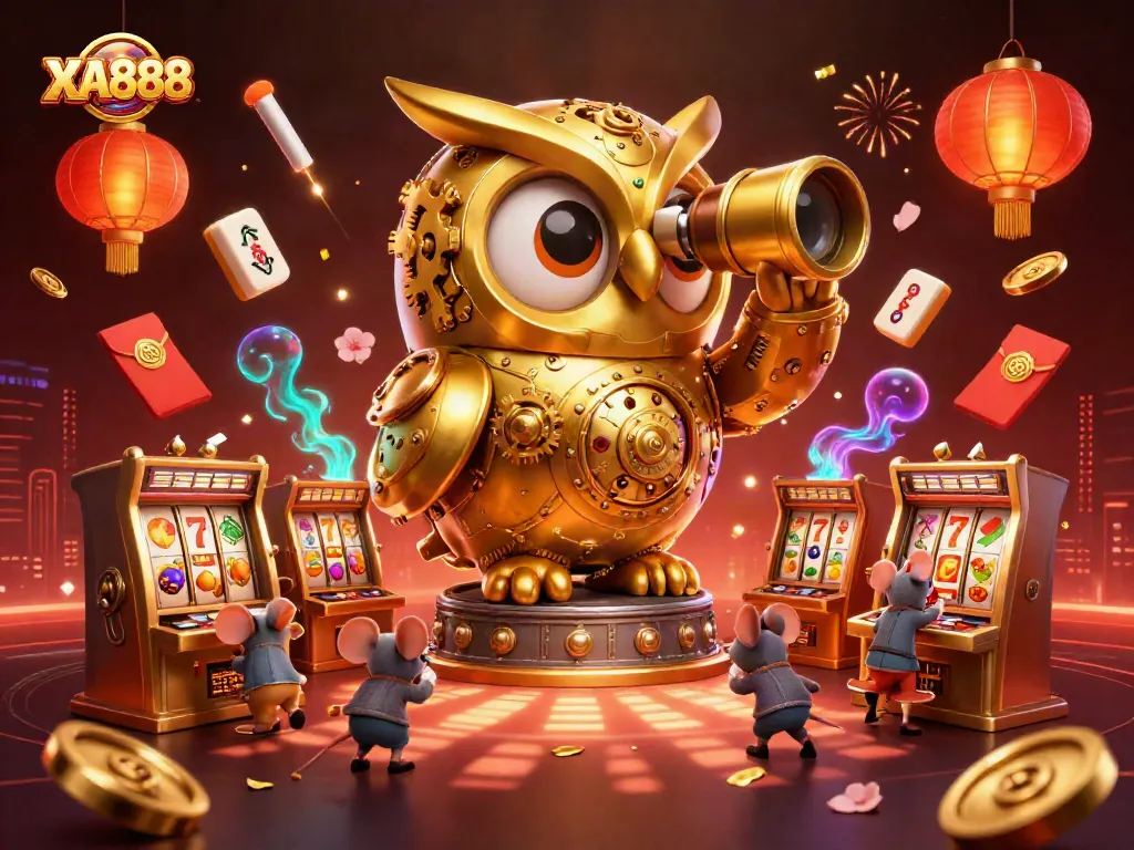 Experience excitement at XA888 with an ultra-detailed 3D casino scene featuring an owl and dynamic elements.