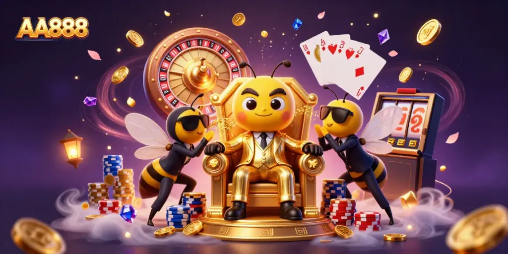 Engage with the thrilling AA888 gaming experience featuring a whimsical bee mob boss and lavish casino elements.