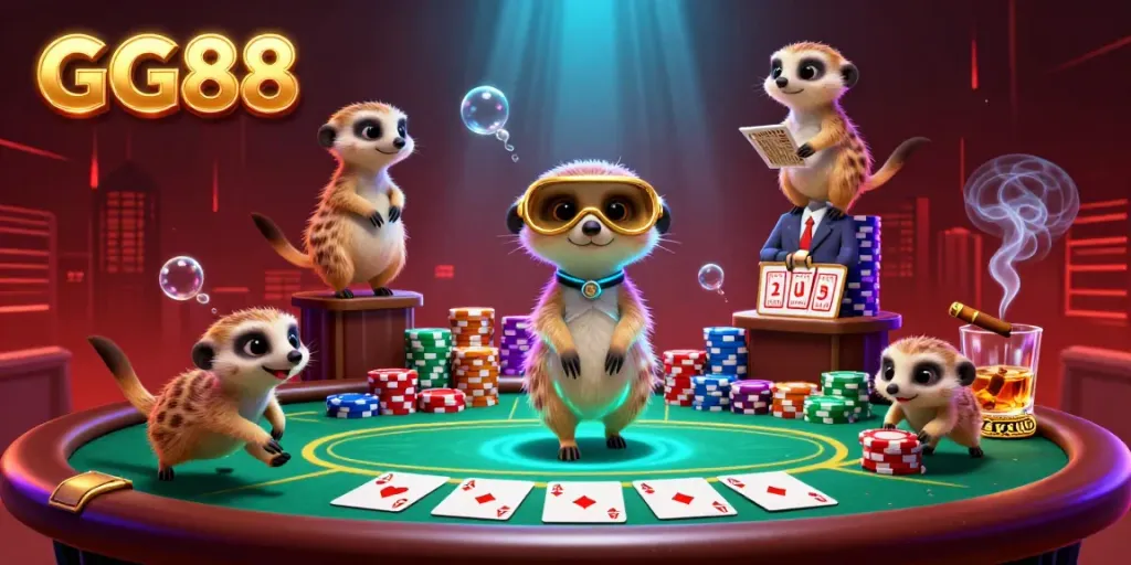 Experience the excitement of GG88 with meerkats managing a vibrant casino scene filled with poker elements.