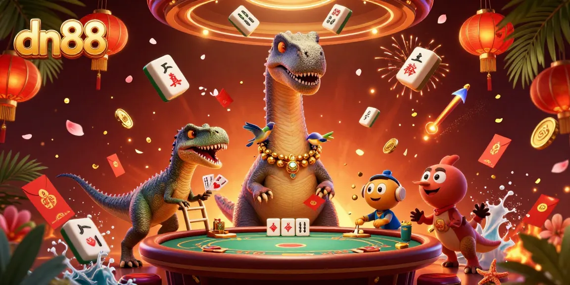 Experience exhilarating gameplay at dn88 with a giant brontosaurus overseeing a vibrant casino scene.