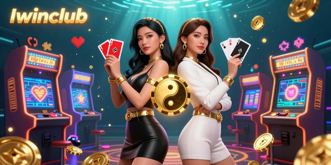 Iwinclub showcases twin Asian women holding playing cards in a vibrant casino setting.