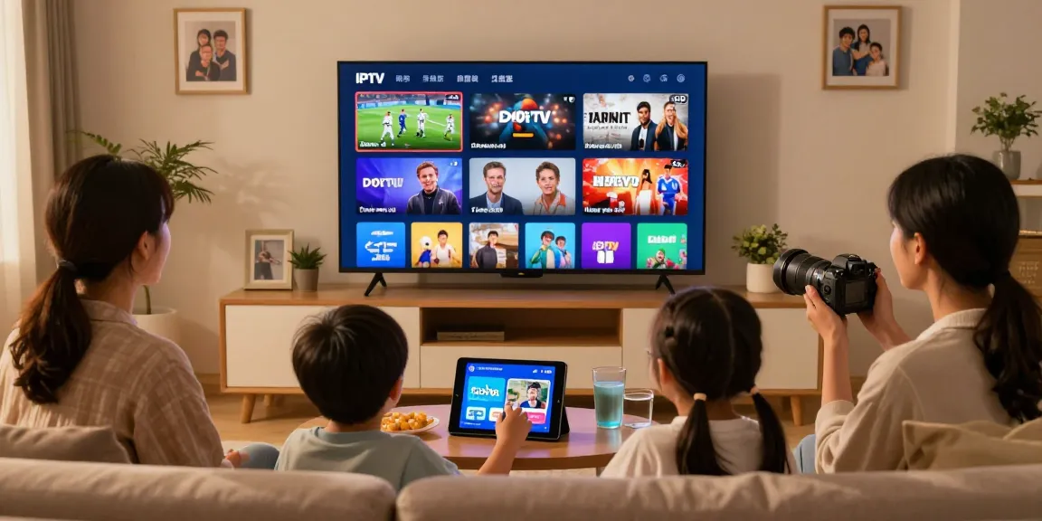 Família desfrutando do melhor IPTV do Brasil assistindo a vários conteúdos de entretenimento na sala de estar.