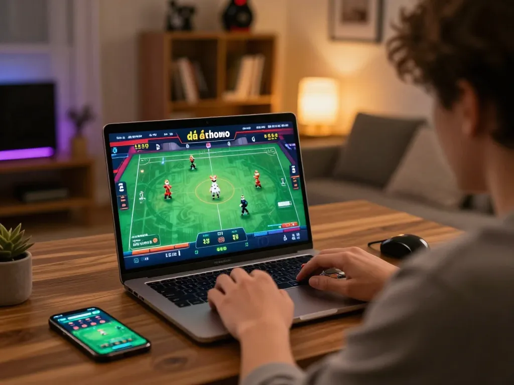 Engaged player watching đá gà thomo live stream on laptop, smartphone displaying betting app.