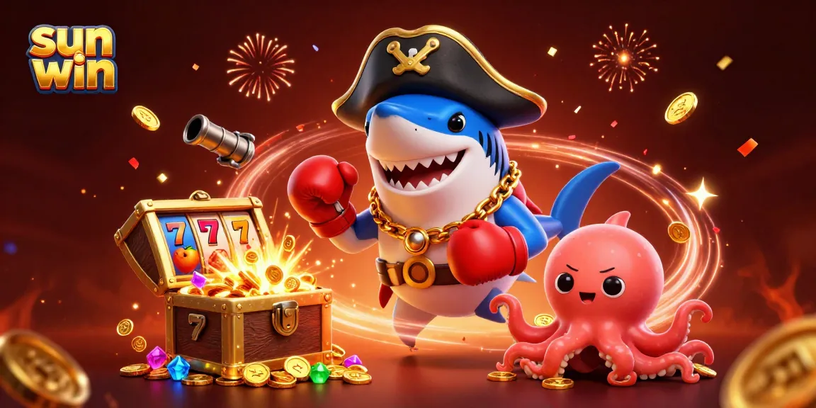 Experience the sun win adventure with characters engaging in a vibrant casino scene of slot games.