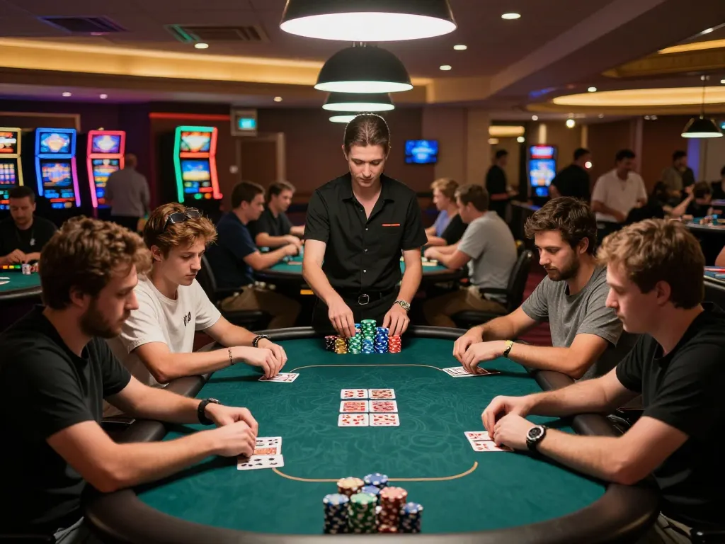 33CC players competing fiercely in a high-stakes poker game at a lively casino, showcasing chips and cards.