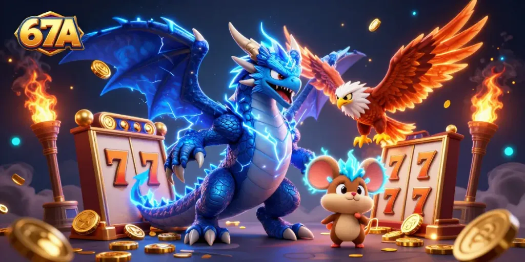 Engage with 67A slots by winning thrilling jackpots in a colorful 3D casino scene.