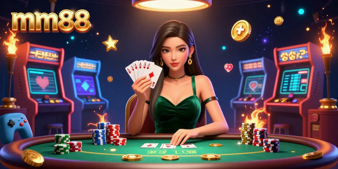 Experience the excitement of mm88 at the poker table with a beautiful Asian woman holding cards in a stunning setting.