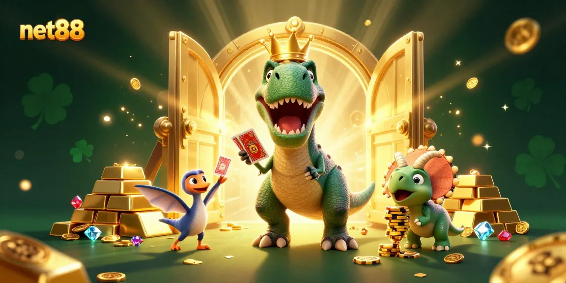 Experience thrilling card shuffling at net88 with friendly dinosaurs amid dazzling casino treasures.