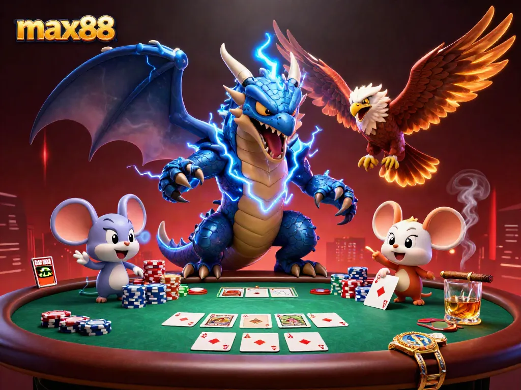Max88's vibrant scene showcasing a dynamic poker game with powerful characters and rich casino elements.