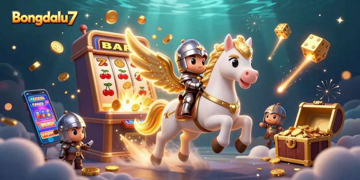 Bongdalu7 visualizes gambling excitement with a celestial horse and knight soaring through a jackpot-inspired scene.