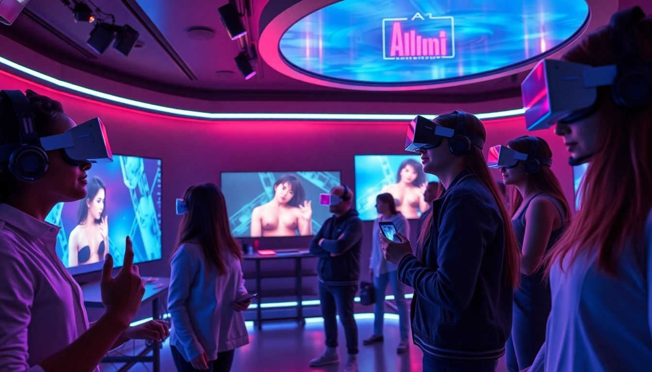 AI porn scene showcasing diverse creators using advanced technology in a modern studio setting.