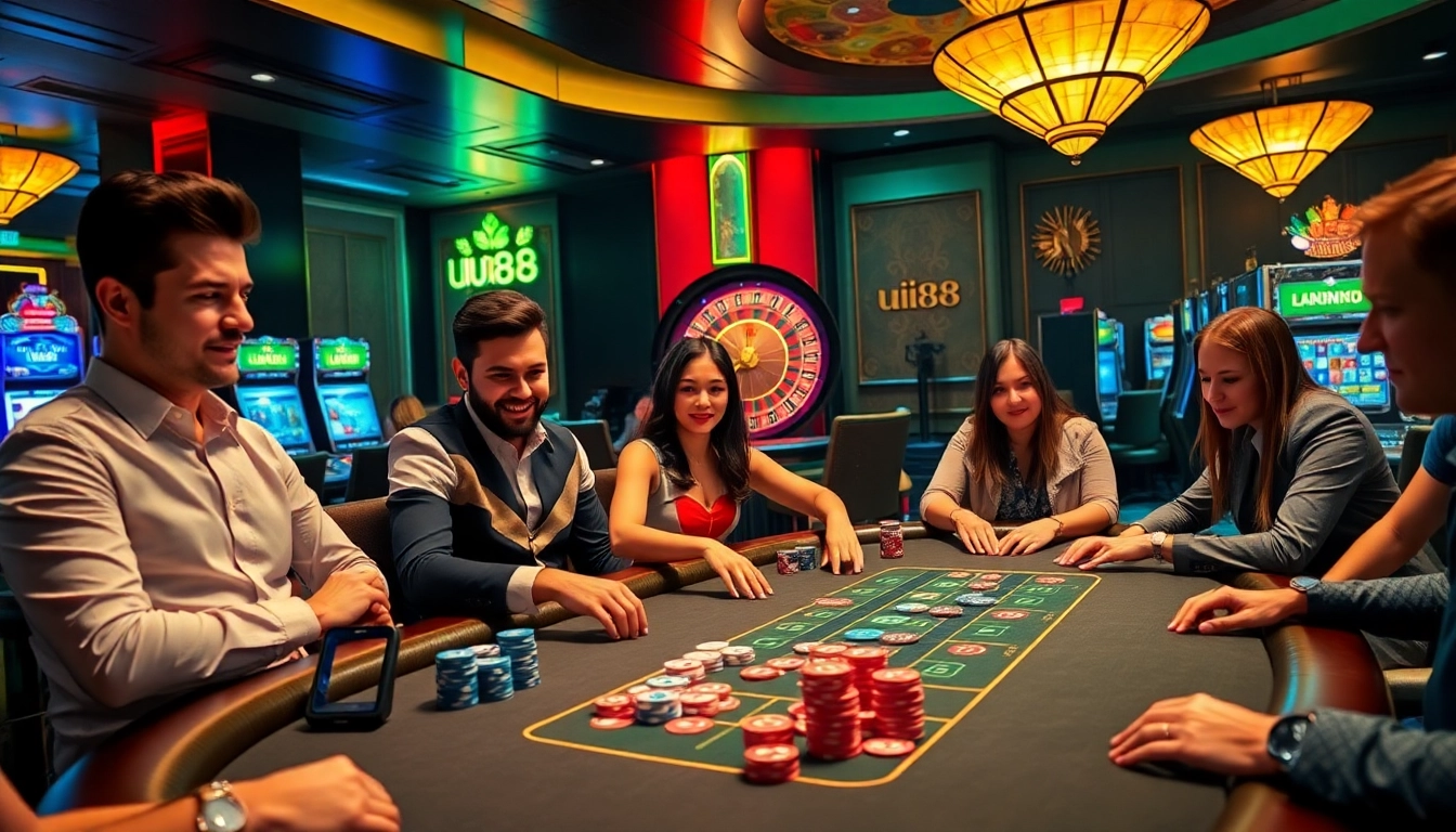 Gamblers enjoying an exciting casino experience at uu88 with poker chips and roulette.