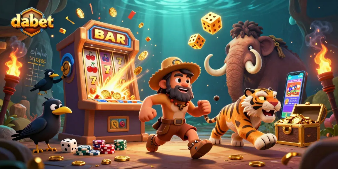 Join the dabet gaming adventure with 3D cartoon caveman, tiger, and crow in a vibrant casino scene.