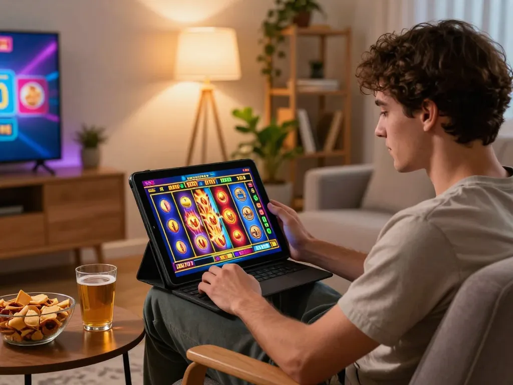 Player enjoying the excitement of jili707 brazil slots game on tablet in cozy home setting.