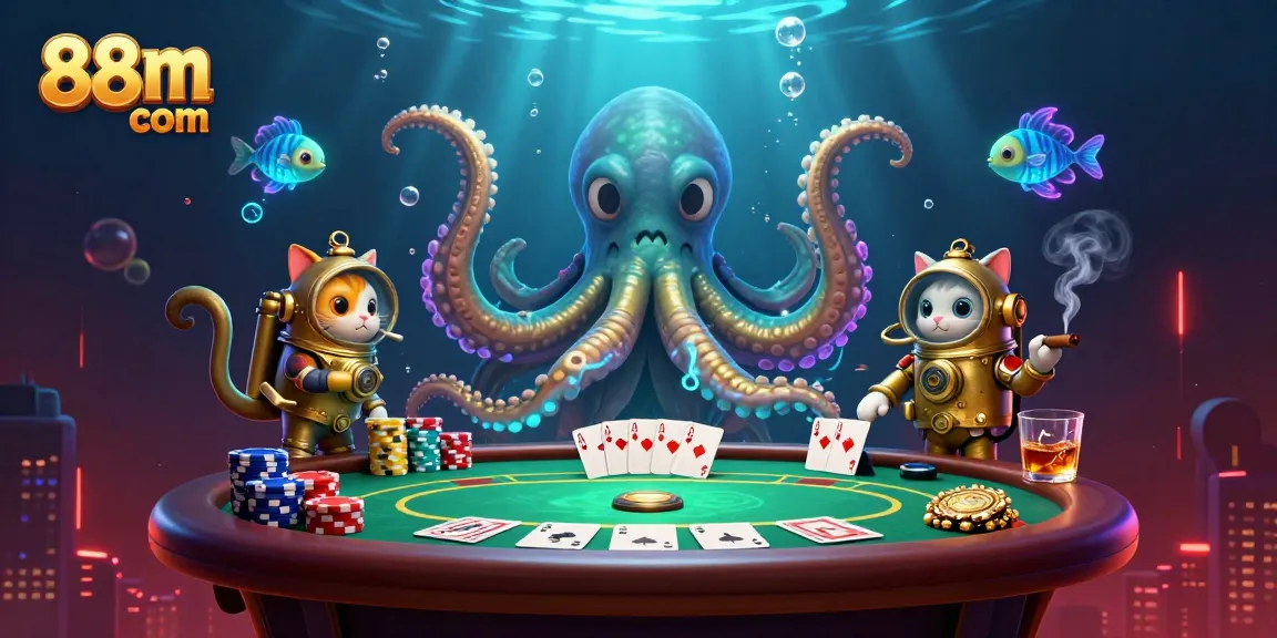 Spin the reels at 88m com with a thrilling scene featuring a kraken and a diving cat!