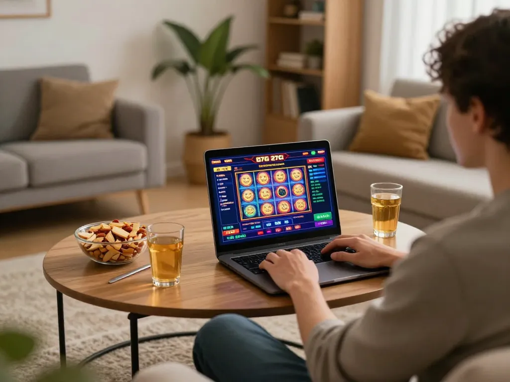 Engaged gamer exploring 27G online casino games from a cozy home environment, showcasing excitement and strategy.
