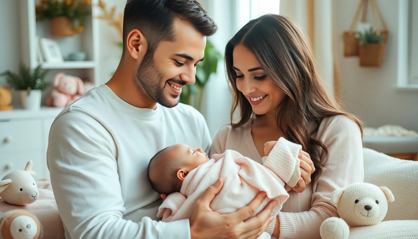 A family with a newborn baby sharing a tender moment in a cozy nursery filled with warmth.