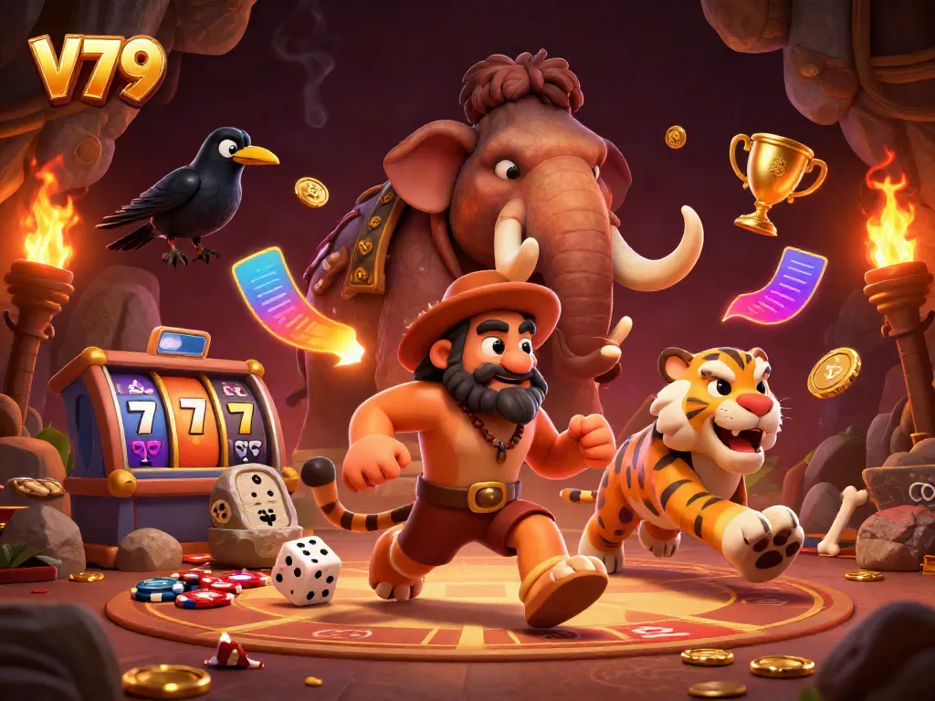 Experience thrilling gaming action with V79's prehistoric casino featuring dynamic slot reels and unique characters.