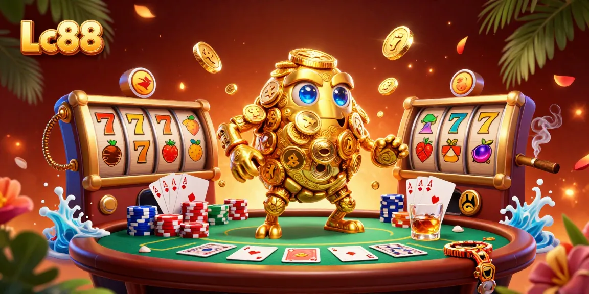 Experience the excitement of Lc88 with vibrant slots and a 3D golden golem amidst poker action.