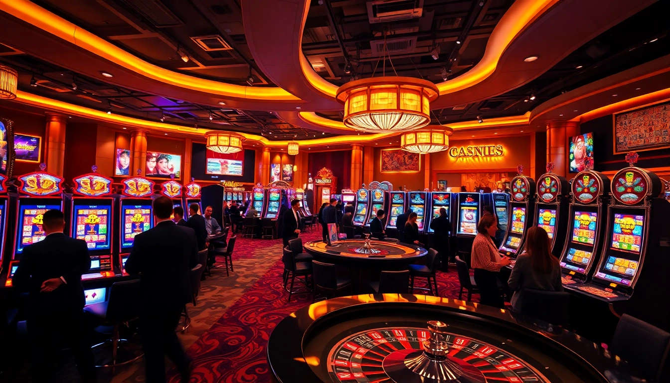 Vibrant casino en ligne retrait immédiat scene with gamblers and slot machines.