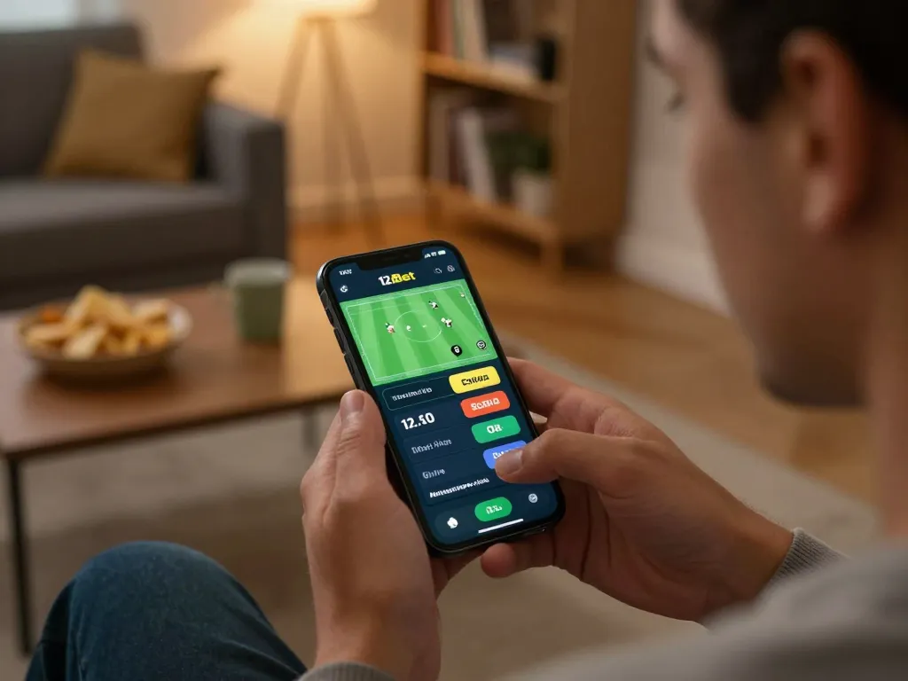 Uma pessoa interagindo com o aplicativo 12Bet para apostas esportivas em um ambiente confortável em casa.