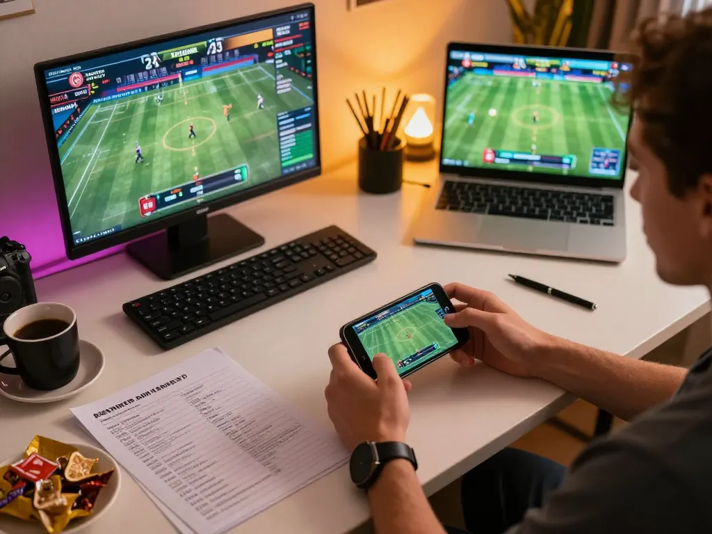 Betting enthusiast engaging in sports wagers on XX88 app, surrounded by strategy notes and laptop.