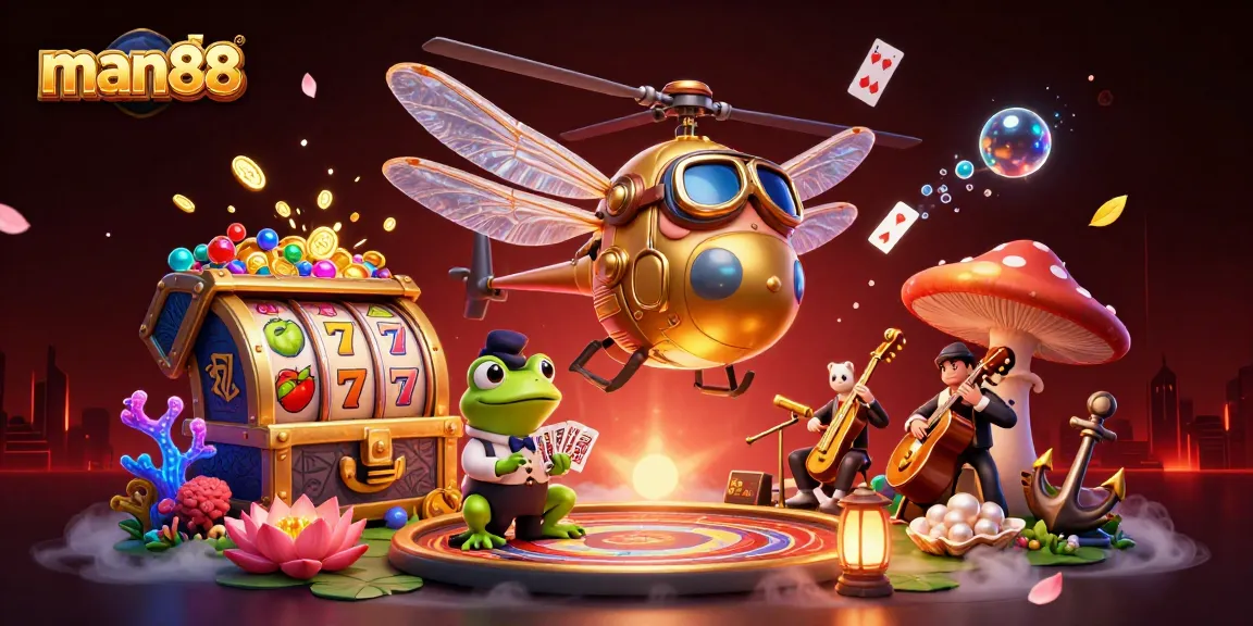 Experience man88's rich casino scene with a dragonfly pilot and a frog croupier in vibrant action.