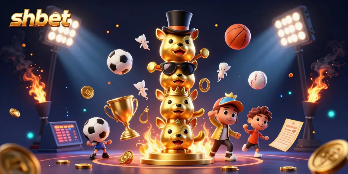 Engage with shbet's dynamic casino environment featuring a golden totem pole surrounded by sports elements and vibrant gaming energy.