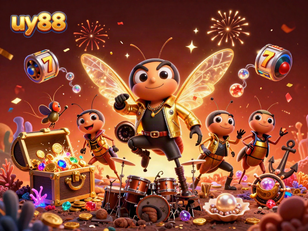Experience thrilling gaming with uy88's vibrant casino scene featuring a rock star and slot reels.