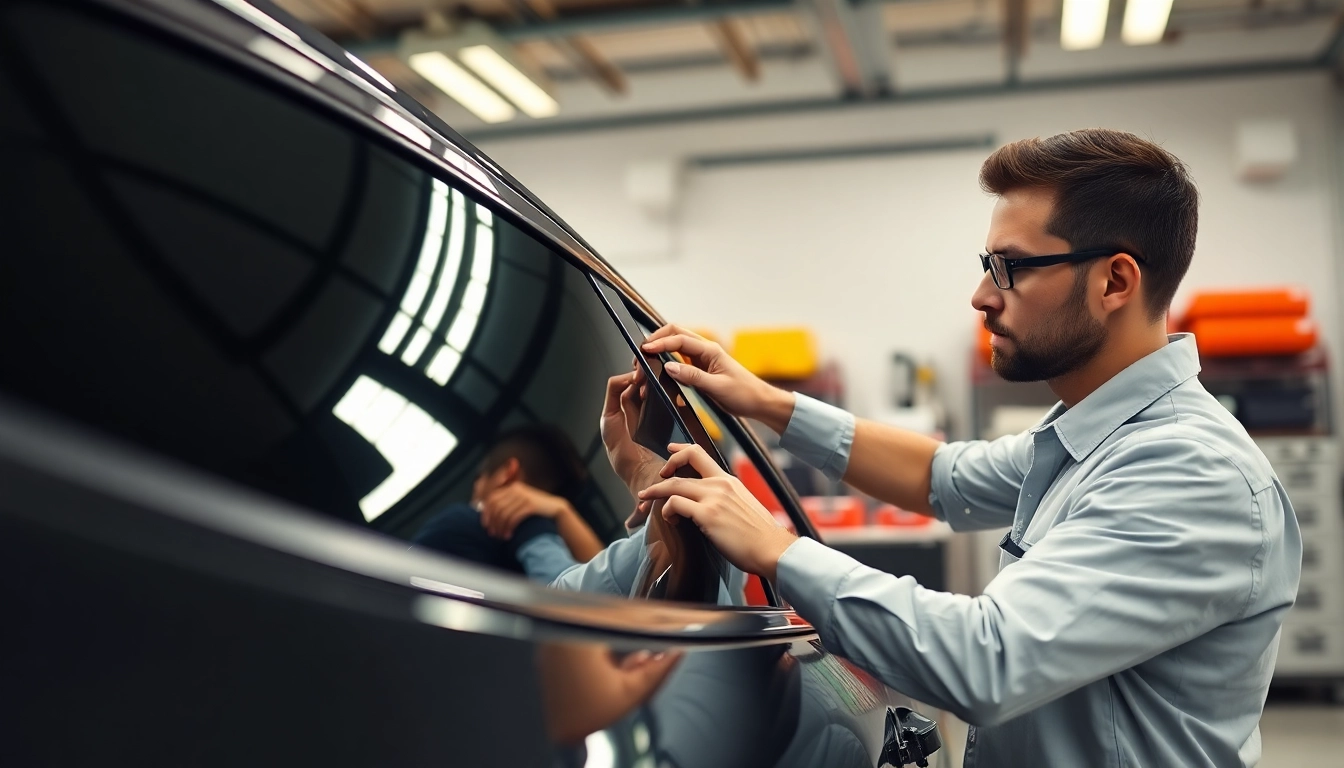 Apply window tint near me, featuring a skilled technician at work in a modern garage.