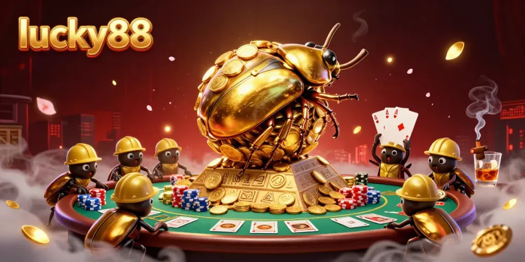 Engage in gaming excitement at lucky88 with a massive golden dung beetle symbolizing fortune and riches.