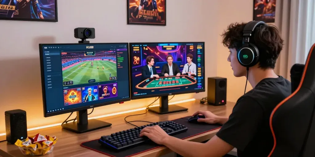 Engaging online gaming setup at home featuring KU88 platform on dual screens