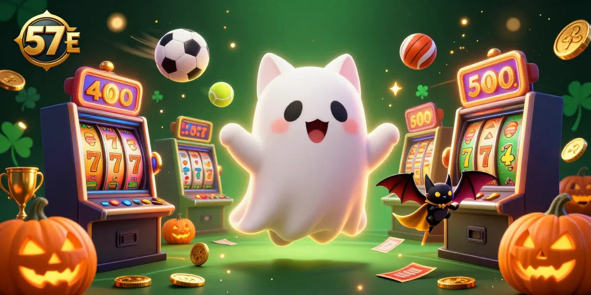 Experience thrilling games at 57 E with a fun ghost cat and vibrant casino elements.